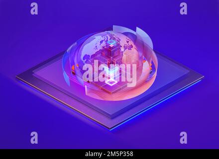 Isometric abstract web interface design. Business management isometric design on dark background. System technology, global network, big data, smart Stock Photo