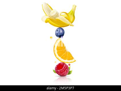 A stack of fresh ripe fruits, berries isolated on white background. Raspberry, orange, blueberry, banana fruit stack in a row. Healthy life, balance Stock Photo