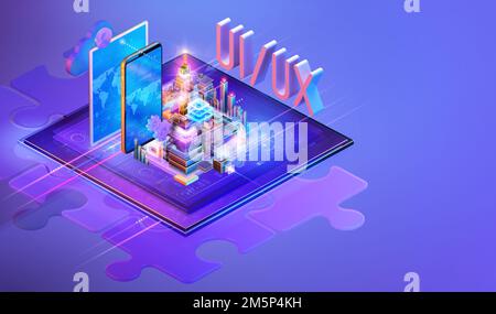 Isometric internet website interface background 3D design, landing page template concept. UI/UX, web design, mobile app development, UI accessibity Stock Photo