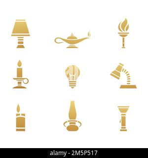 Golden Light Sources Icons on a White Background Stock Photo