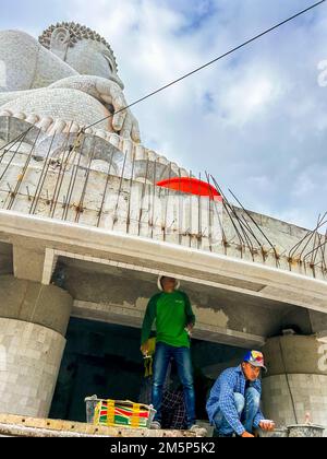 Khao Tut, Phuket, Thailand, Low Angle, Thai Workers, Working on Construction Site,  Buddhist Temple, Statue, 'Big Buddha'  (Ming Mongkol) (45 Meters in White Marble) Stock Photo