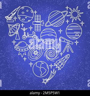 Space theme concept banner in line style. Spaceship, planets and other symbols collection. Vector illustration. Stock Vector