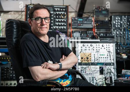 New Order and Joy Division's Stephen Morris photographed at his home studio near Macclesfield. Stock Photo