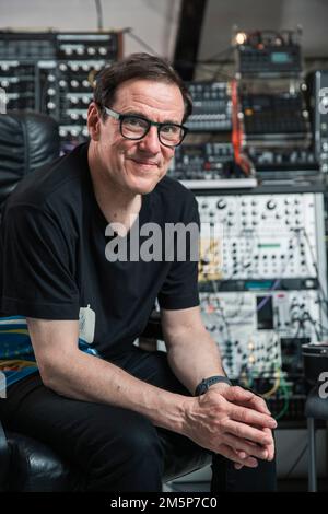 New Order and Joy Division's Stephen Morris photographed at his home studio near Macclesfield. Stock Photo