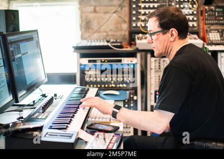 New Order and Joy Division's Stephen Morris photographed at his home studio near Macclesfield. Stock Photo