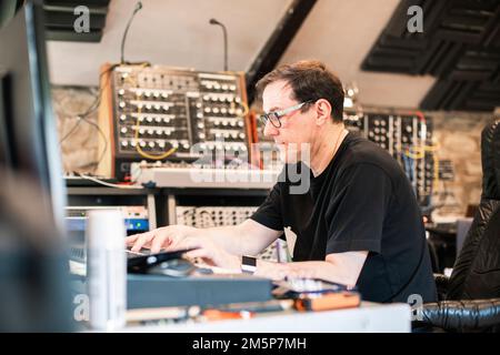 New Order and Joy Division's Stephen Morris photographed at his home studio near Macclesfield. Stock Photo