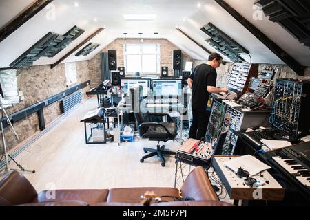 New Order and Joy Division's Stephen Morris photographed at his home studio near Macclesfield. Stock Photo