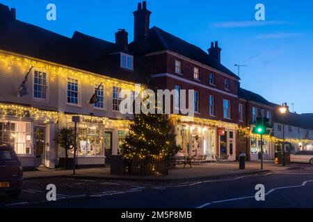 Odiham at Christmas, view of the Hampshire village with a Christmas tree and Christmas lights, Hampshire, England, UK Stock Photo