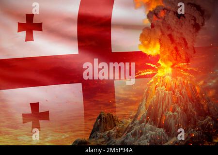 conical volcano blast eruption at night with explosion on Georgia flag background, troubles because of disaster and volcanic earthquake conceptual 3D Stock Photo