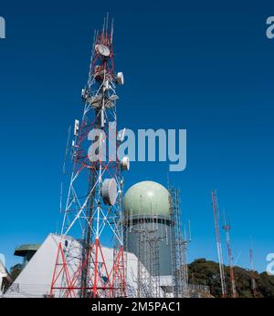 Radio and television transmitter tower. Used to transmit television and radio signals Stock Photo