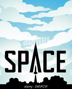 Illustration of Space Poster of a Rocket Launch Over a Bright Blue Night Sky with Black Text Stock Photo