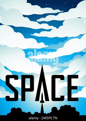 Illustration of Space Poster of Rocket Launch Silhouette Over Blue Cloudy Sky with Black Text Stock Photo