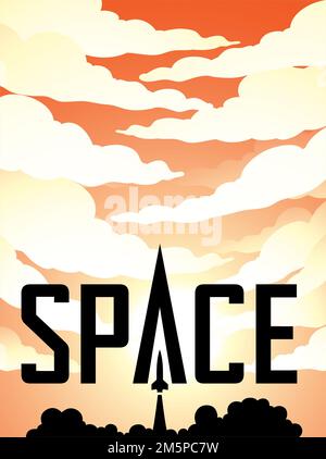 Illustration of Space Poster of Rocket Launch Silhouette Over Orange Cloudy Sky with Black Text Stock Photo