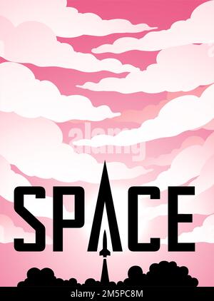 Illustration of Space Poster of Rocket Launch Silhouette Over Pink Cloudy Sky with Black Text Stock Photo