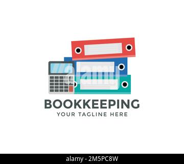 Folder for papers document bookkeeping, financial accounting with calculator and financial data logo design. Document Information Financial Startup. Stock Vector