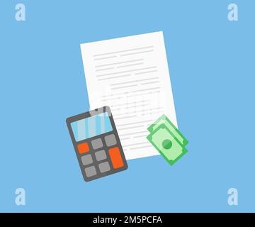 Economics, calculations calculator and money. Tax deduction planning concept. Calculation of taxes, expenses, exemptions, deductions, donations. Stock Vector