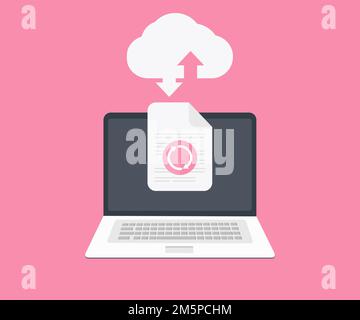 Cloud computing technology. Upload and download files, using laptop logo design. Big data, internet of things, business processes, various storage. Stock Vector