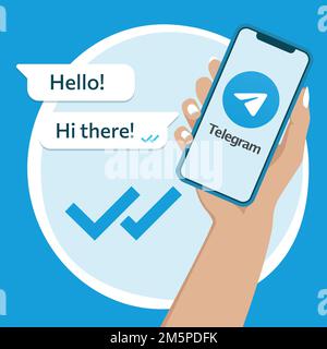 Hand of woman holding smartphones with Telegram chat screen. Double check concept. Vector illustration. Flat colors. Stock Vector