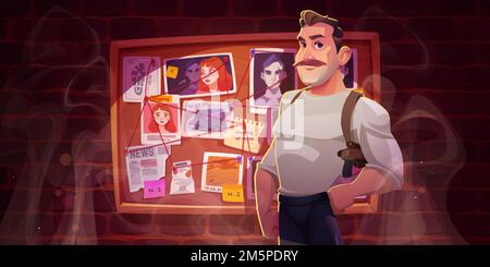 Police inspector or private detective on background of board with evidences. Vector cartoon illustration of investigator character, man with gun in ho Stock Vector