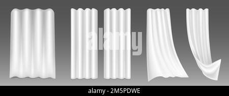 Realistic set of white window curtains fluttering in wind isolated on grey background. Lightweight textile for interior decoration. Transparent soft c Stock Vector