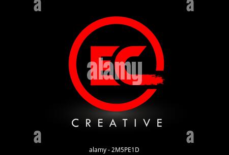 EC Brush Letter Logo Design with Red  Circle. Creative Brushed Letters Icon Logo. Stock Vector