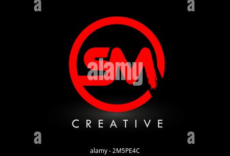 SM Brush Letter Logo Design with Red  Circle. Creative Brushed Letters Icon Logo. Stock Vector