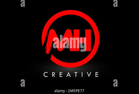 MH Brush Letter Logo Design with Red  Circle. Creative Brushed Letters Icon Logo. Stock Vector