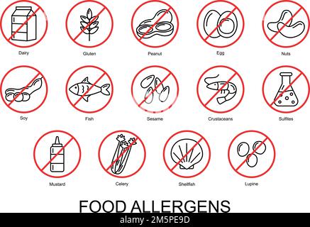 Food allergens. Set of basic allergens icons. Vector illustration Stock Vector