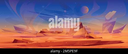 Mars surface, alien planet landscape with sand or dust storm. Cartoon background with dusty wind in red desert with rocks crater and stars shine on da Stock Vector