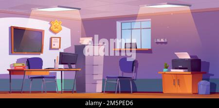 Police office interior design. Cartoon vector illustration of room with desk, chairs, blackboard and golden badge on wall, criminal cases in folders, Stock Vector