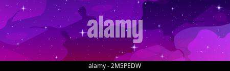 Night starry sky in lilac and pink colors with nebula effect. Cartoon vector illustration of space background with many shining stars, stardust, milky Stock Vector