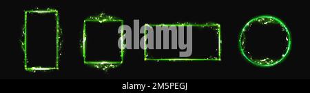 Electric lightning frames. Rectangle, square and circle borders with green thunderbolt strikes and neon glowing isolated on black background, vector r Stock Vector