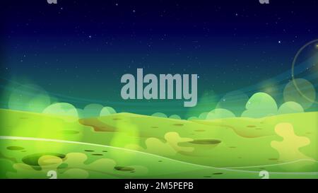 Green alien planet surface with craters and toxic smoke. Cartoon vector illustration of uninhabited ground with dangerous poisonous gas or vapor under Stock Vector