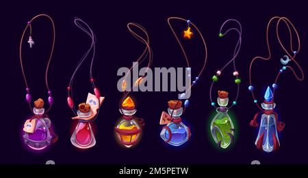 Magic potion pendants set isolated on dark background. Cartoon vector illustration of corked glass bottles on witch necklace with different color liqu Stock Vector