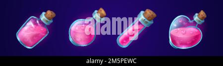 Love potion bottles set isolated on dark background. Cartoon vector illustration of different shape glass jars with pink liquid substance, hearts insi Stock Vector