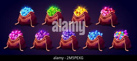 Gem stones in sacks game props icons bundle. Colorful crystals in bags, treasure, trophy, pirate loot, level reward. Fantasy assets, gui elements, min Stock Vector