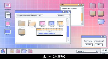 Computer screen with 90s retro software windows open on desktop. Vector illustration of folder, file, document, loading progress bar icons and pop-up Stock Vector