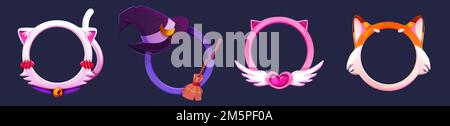 Circle game avatar frames with cats and fox ears, witch hat and broom. Empty round borders for gamer avatar. Fantasy frames in shape of cute animals, Stock Vector
