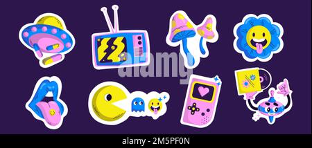 Retro acid psychedelic stickers. Abstract patches with mushrooms, flower, ufo, mouth with tongue, tv set and gameboy, vector cartoon illustration in y Stock Vector