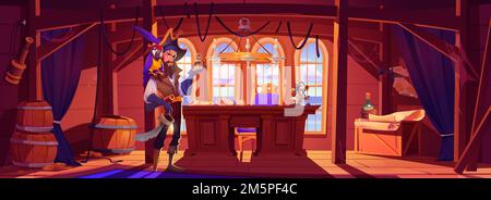 Peg-legged pirate with parrot standing in ship cabin. Vector illustration of cartoon one-eyed corsair character with golden watch in hand, pet bird on Stock Vector