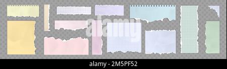 Torn paper sheets, colorful notebook pages with ragged edges. Blank and checkered memo notes or daily planner empty notepad pieces isolated on transpa Stock Vector