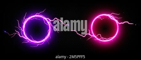 Round frames of electric lightning with sparks and neon glow. Pink and purple sparking discharge in circle shape. Empty banner template with abstract Stock Vector