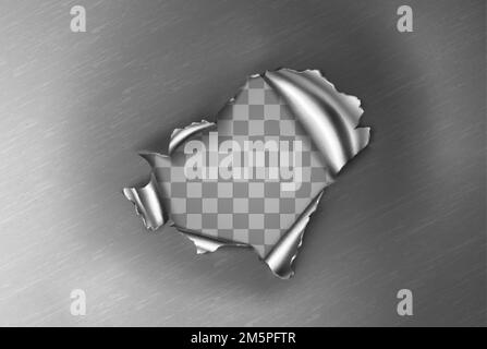 Metal rip hole with curly edges, ragged crack, cut damage on steel sheet. Torn gun aperture frame or border isolated on transparent background, Realis Stock Vector