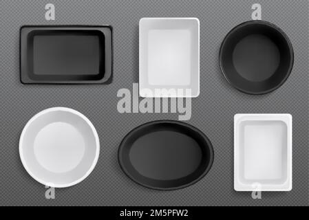 Plastic trays for food wrapping. White and black styrofoam packages different shapes. Empty containers in top view, vector realistic illustration isol Stock Vector