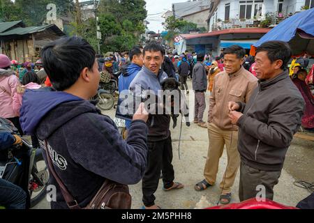 Bac Ha, Vietnam - December 18, 2022: A man selling dogs at the Bac Ha market in Vietnam. Stock Photo