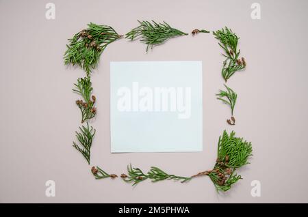 Minimalistic card mockup with frame made of thuja branches. Craft card, flat lay, top view. Invitation template design. Arborvitae. Stock Photo