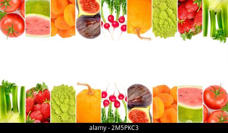 Fruits and vegetables isolated on white background. Collage. Free space for text. Stock Photo