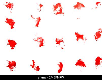 Realistic blood isolated on white background. Drops of blood and splashes of a collection of 17 pieces Stock Photo