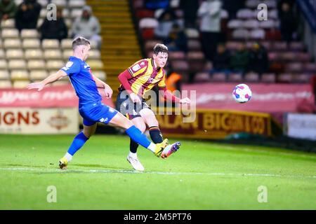 The University of Bradford Stadium, Bradford, England - 29th December 2022 Matty Foulds (14) of Bradford City wins Jack Muldoon (18) of Harrogate Town to the ball - during the game Bradford City v Rochdale, Sky Bet League Two,  2022/23, The University of Bradford Stadium, Bradford, England - 29th December 2022 Credit: Arthur Haigh/WhiteRosePhotos/Alamy Live News Stock Photo