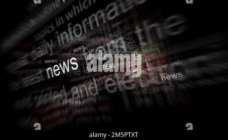 News headline news across international media with information overload and anxiety. Abstract concept of news titles on noise displays. TV glitch effe Stock Photo